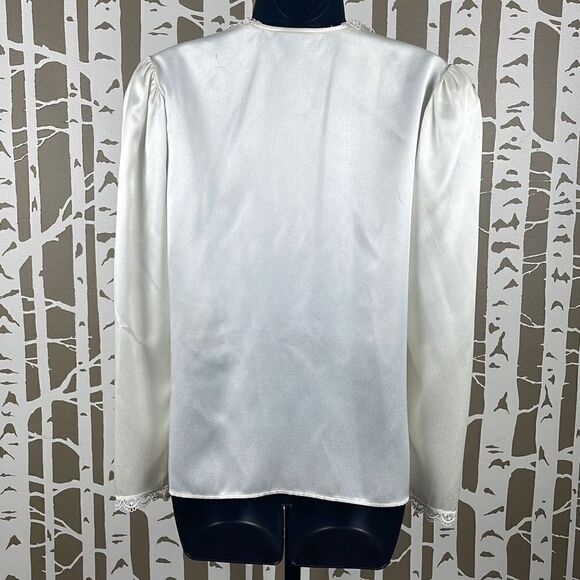 Gunne Sax 70s 80s Ivory Satin Lace Collar Puff Shoulder Blouse 5 - Picture 4 of 14